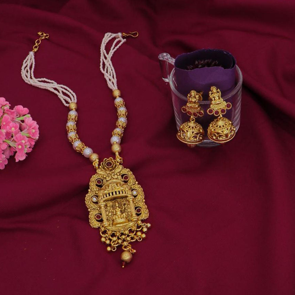 Dhiraj Sales Chopper Gold Plated Pota Stone And Pearl Temple Long Necklace Set
