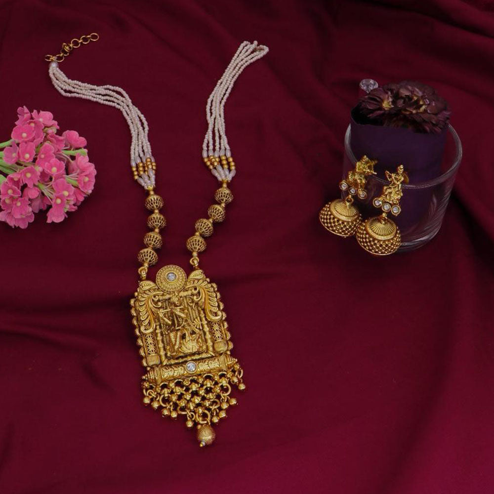 Dhiraj Sales Chopper Gold Plated Pota Stone And Pearl Temple Long Necklace Set
