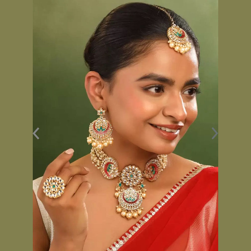 Siddhi Collection Gold Plated Kundan Stone Pearl And Beads Choker Necklace Set