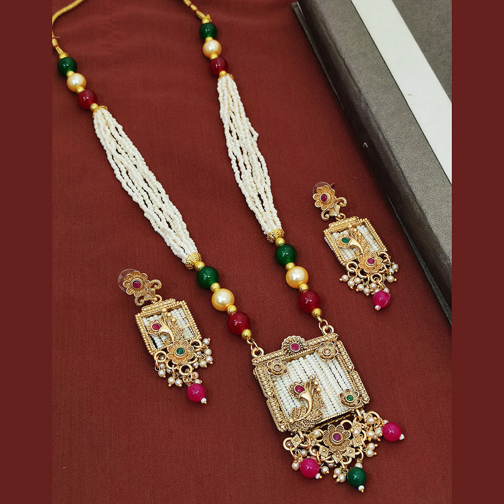 Khodiyar Gold Plated Pota And Pearl Long Necklace Set
