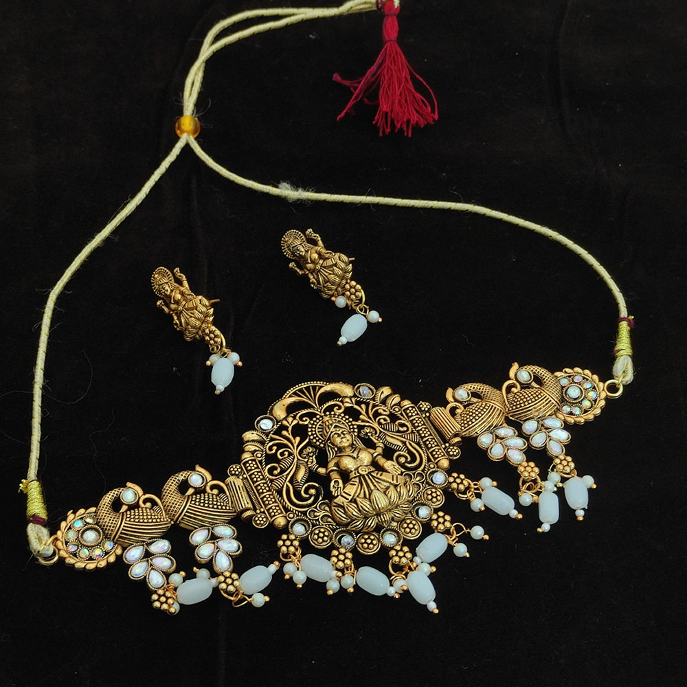 Khodiyar Gold Plated Crystal And Beads Temple Choker Necklace Set