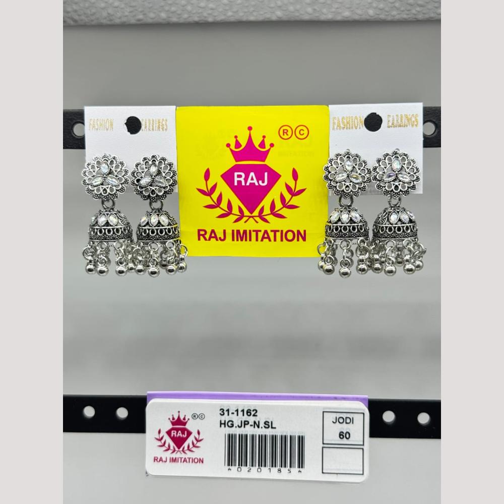 Raj Imitation Oxidised Crystal Stone And Beads Jhumki Earrings