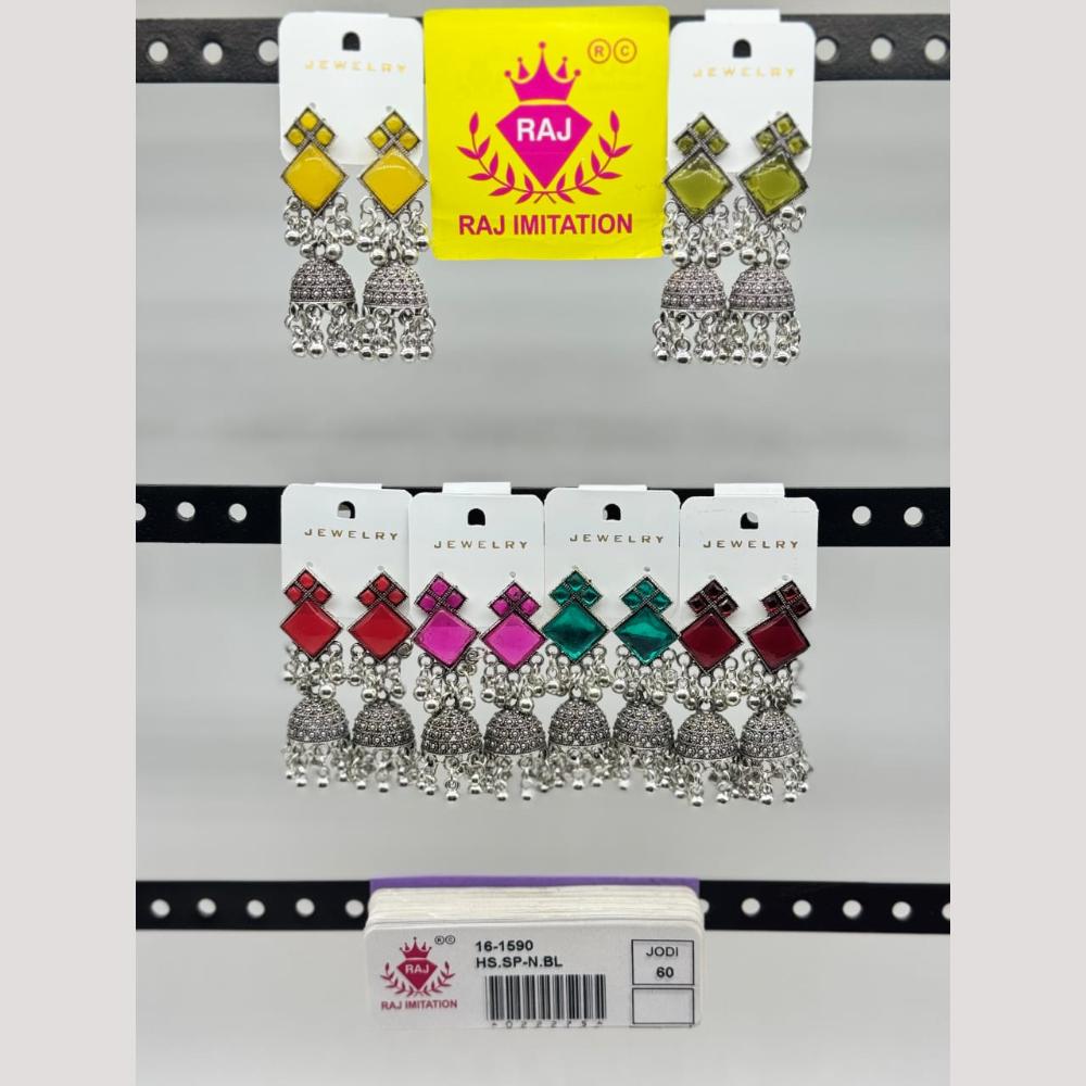 Raj Imitation Oxidised Pota Stone And Beads Jhumki Earrings
