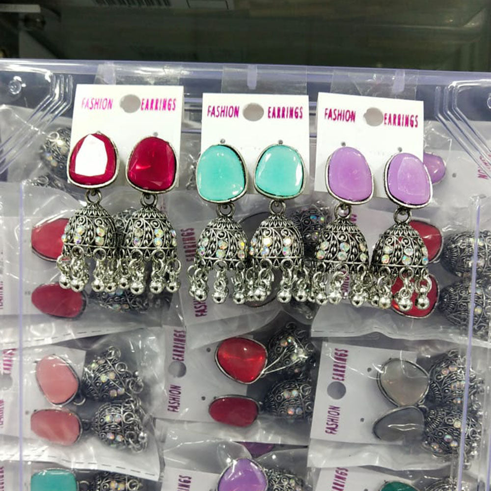 Raj Imitation Ethnic Charm Oxidised Pota Stone Jhumki Earrings