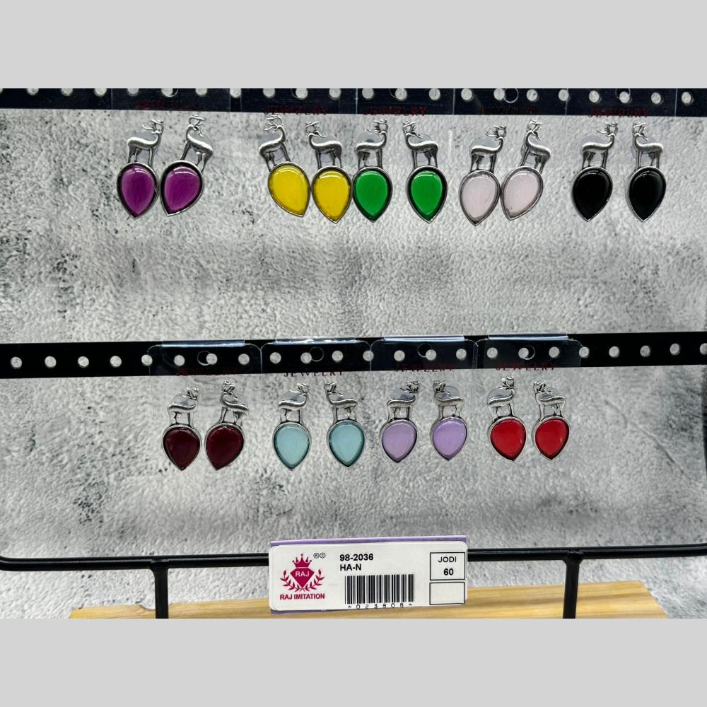 Raj Imitation Oxidised Plated Deer Design Pota Stone Dangler Earrings for Women (Pack of 60)