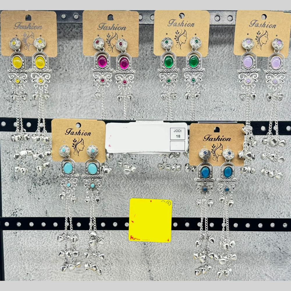 Raj Imitation Oxidised Plated Pota Stone And Ghungroo Kashmiri Dangler Earrings for Women (Pack of 18)