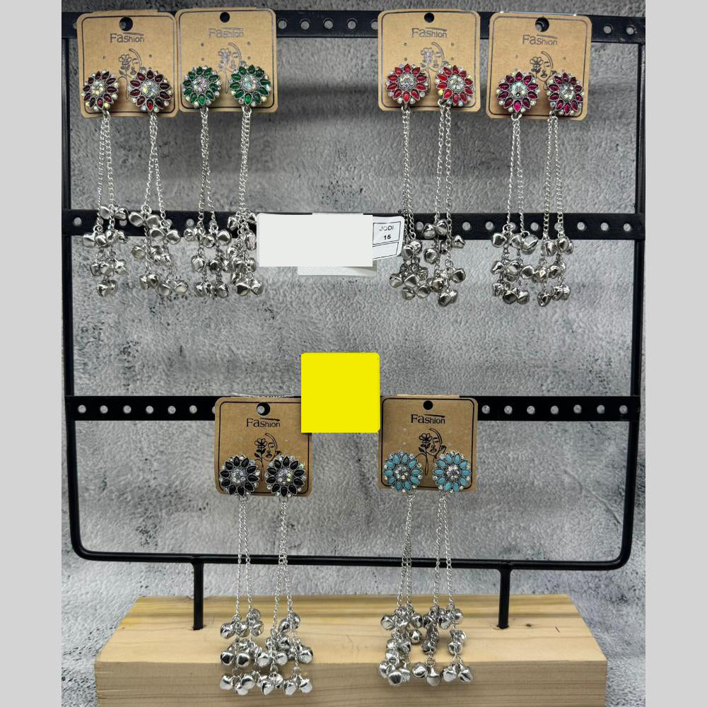 Raj Imitation Oxidised Plated Pota Stone And Ghungroo Kashmiri Dangler Earrings for Women (Pack of 15)