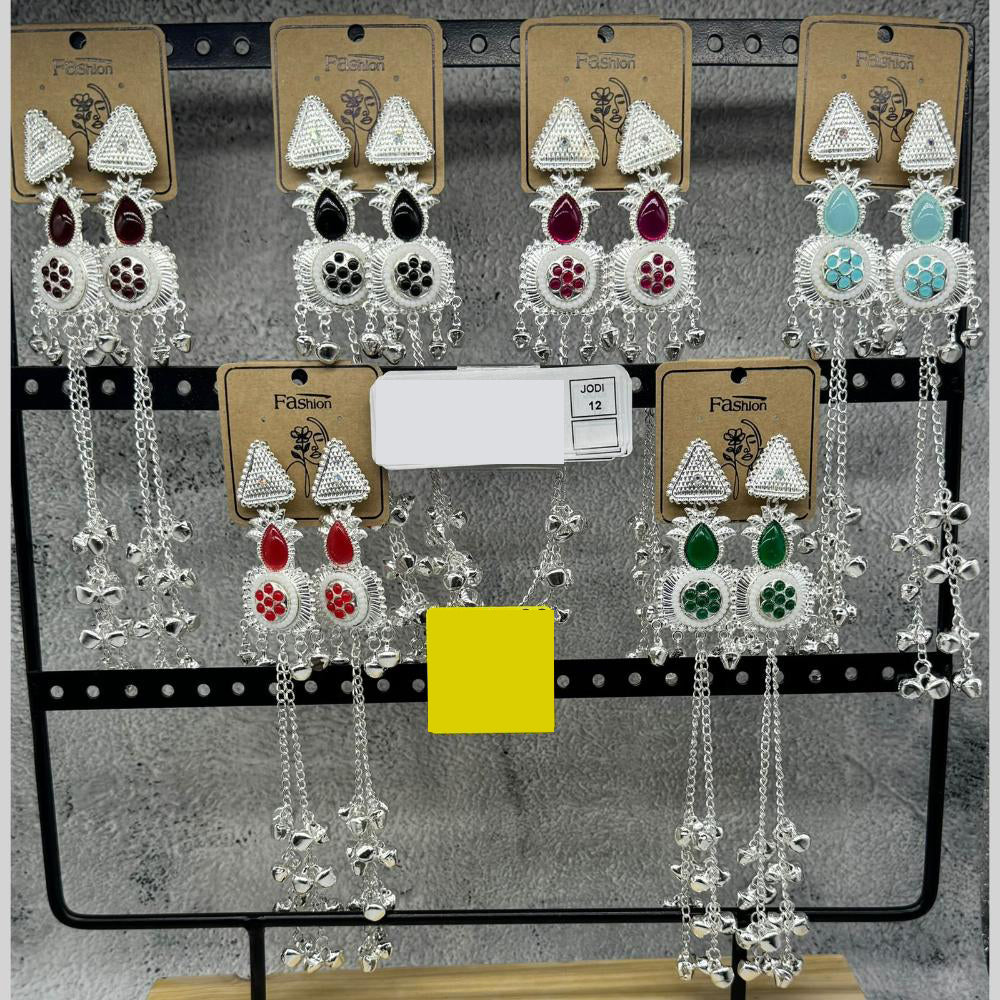 Raj Imitation Silver Plated Pota Stone And Ghungroo Kashmiri Dangler Earrings for Women (Pack of 12)
