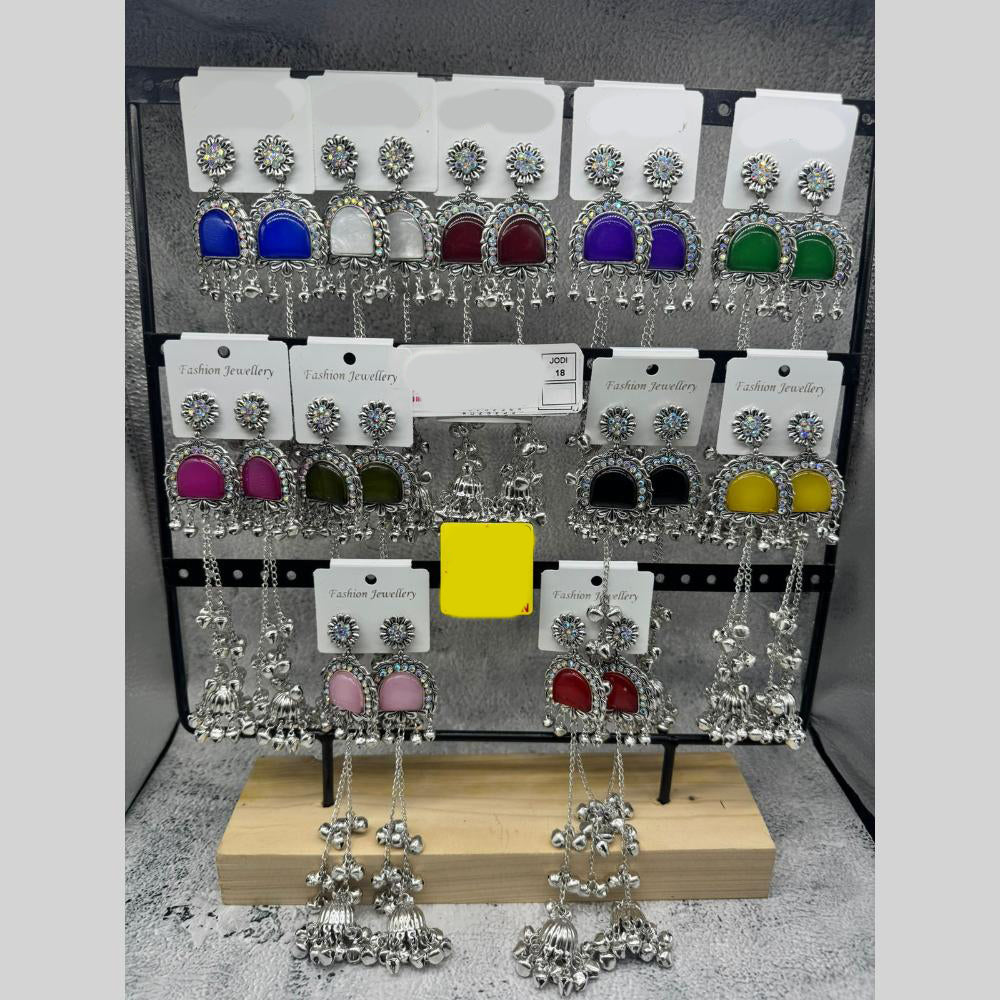 Raj Imitation Oxidised Plated Pota Stone And Ghungroo Kashmiri Dangler Earrings for Women (Pack of 18)