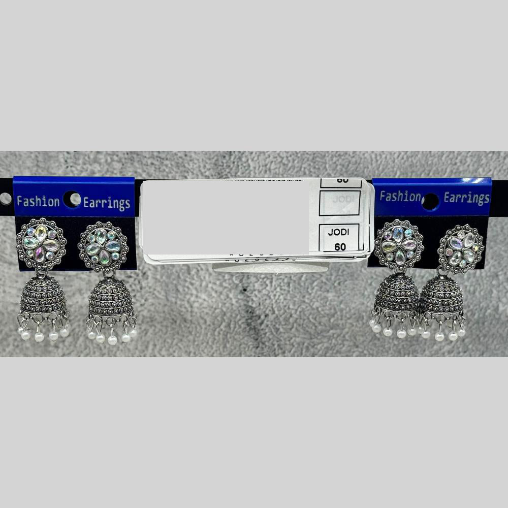 Raj Imitation Oxidised Delicate Crystal Stone And Pearl Jhumki Earrings (Set of 60)