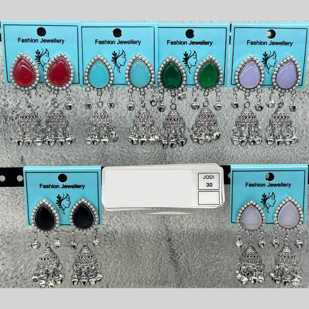 Raj Imitation Oxidised Pota Stone And Ghungroo Jhumki Earrings (Set of 30)