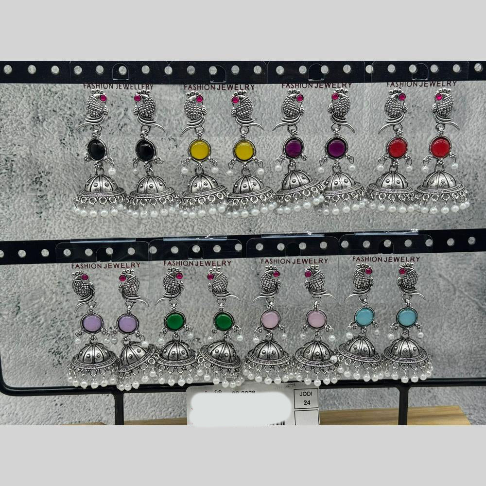 Raj Imitation Oxidised Pota Stone And Pearl Jhumki Earrings (Set of 24)