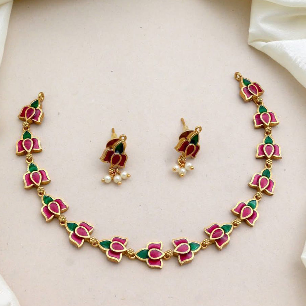 Tanish Art Jewellery Royal Lotus Design Meenakari And Pearl Necklace Set