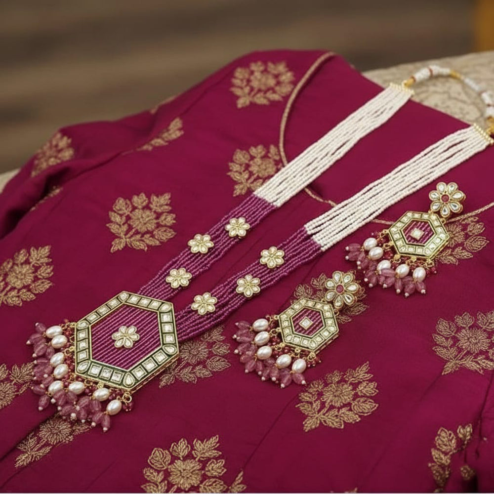 Tanish Art Jewellery Sparkling Crystal Stone Pearl And Beads Long Necklace Set