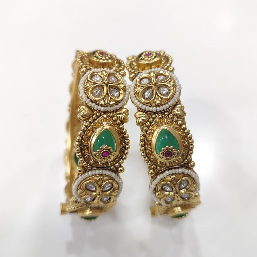 Tanish Art Jewellery Premium Matte Gold Pota Stone And Pearl Openable Bangles Set