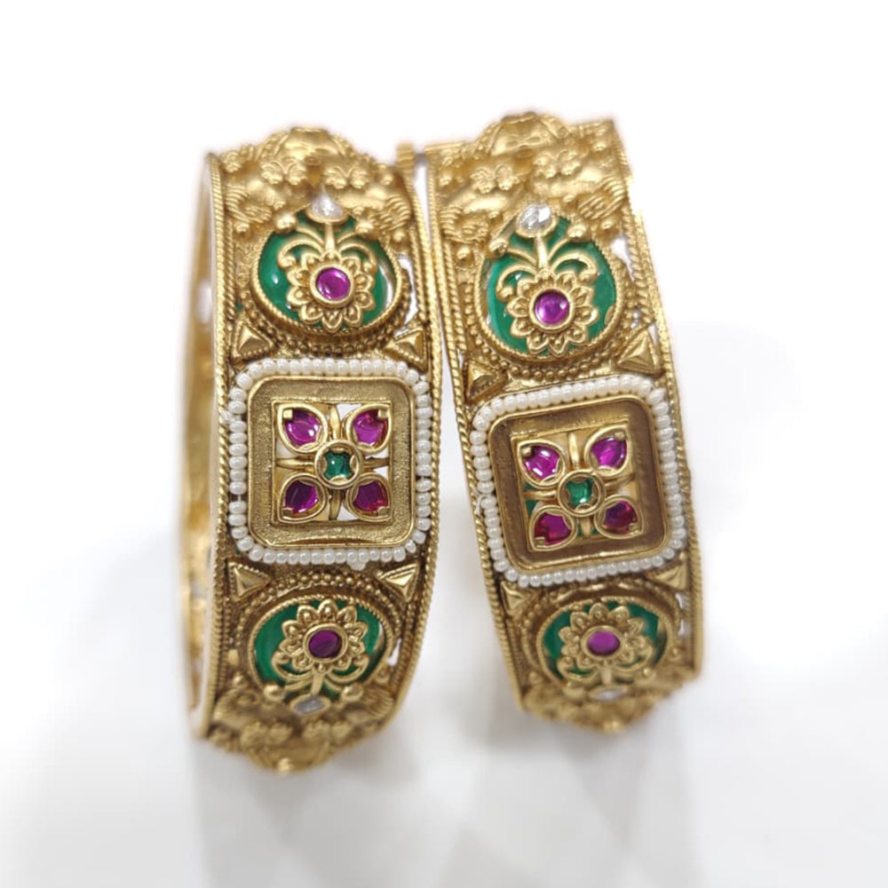 Tanish Art Jewellery Premium Matte Gold Pota Stone And Pearl Openable Bangles Set