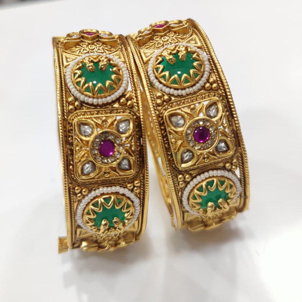 Tanish Art Jewellery Premium Matte Gold Pota Stone And Pearl Openable Bangles Set