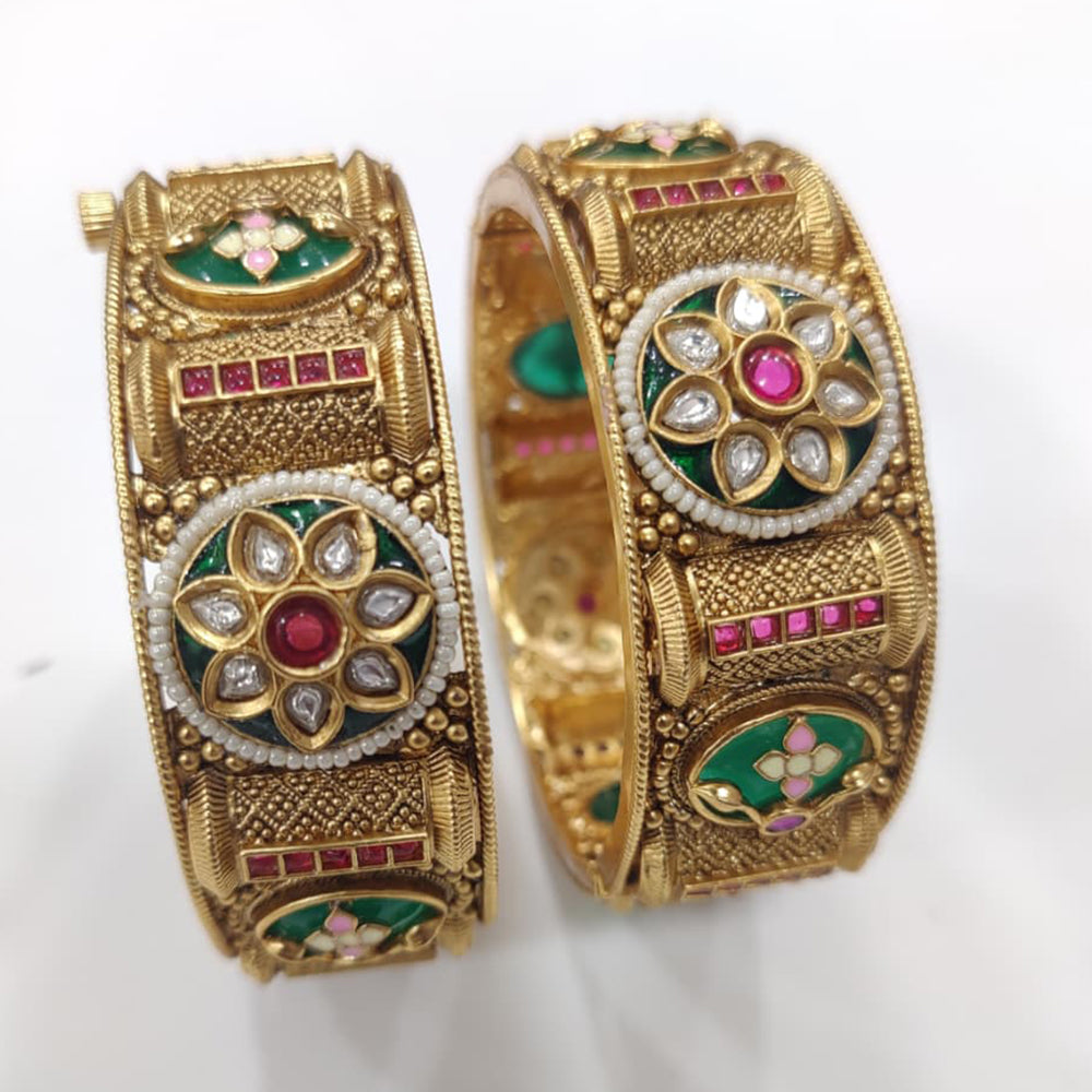 Tanish Art Jewellery Premium Matte Gold Pota Stone And Pearl Openable Bangles Set