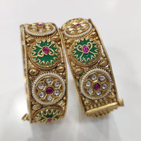 Tanish Art Jewellery Premium Matte Gold Pota Stone And Pearl Openable Bangles Set