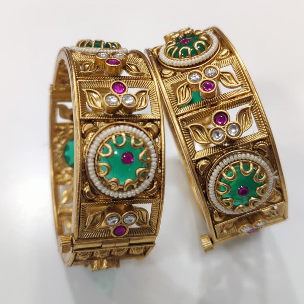 Tanish Art Jewellery Premium Matte Gold Pota Stone And Pearl Openable Bangles Set