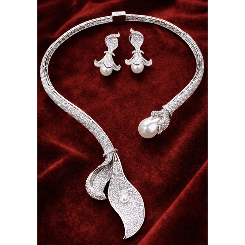 Tanish Art Jewellery Glamorous American Diamond And Pearl Necklace Set
