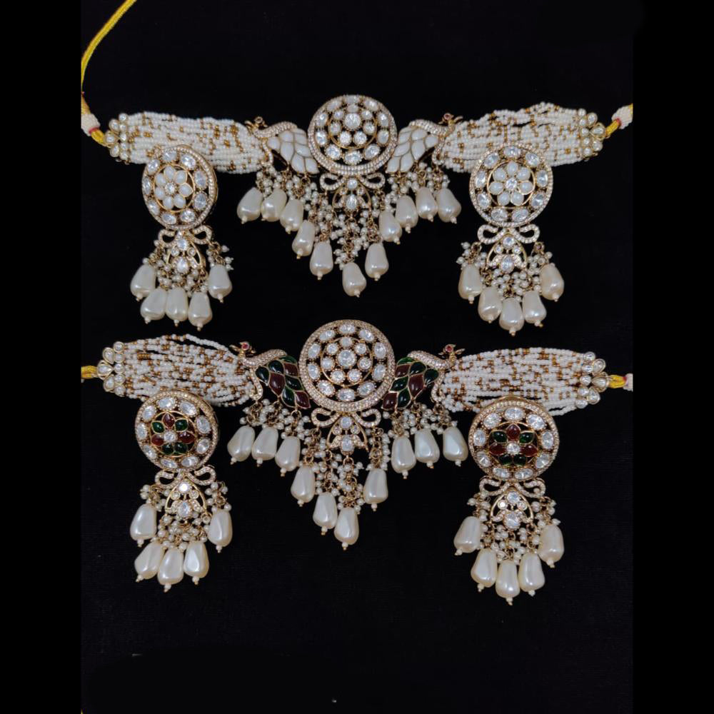 Tanish Art Jewellery Modern Glam Polki Kundan Pearl Peacock Choker Necklace Set