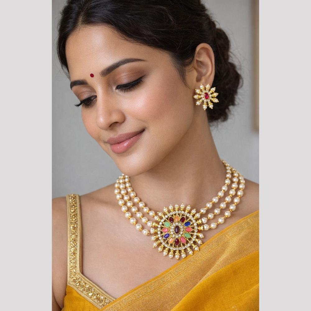 Tanish Art Jewellery Royal Pota Stone And Pearl Choker Necklace Set