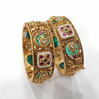 Tanish Art Jewellery Heritage Pota Stone And Pearl Openable Bangles Set