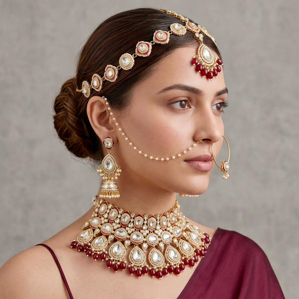Tanish Art Jewellery Graceful Kundan Stone And Beads Semi-Bridal Choker Necklace Set