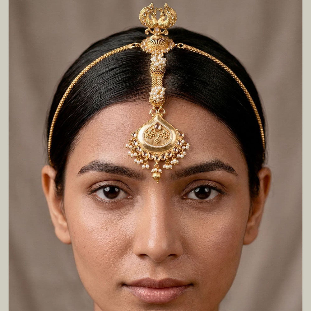 Tanish Art Jewellery Grand Bridal Pota Stone And Pearl Sheeshphool Maangtikka