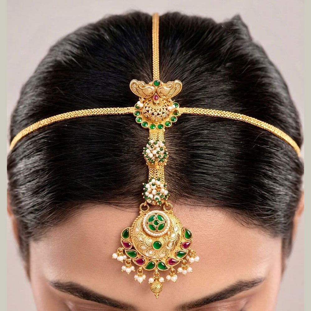 Tanish Art Jewellery Grand Bridal Pota Stone And Pearl Sheeshphool Maangtikka