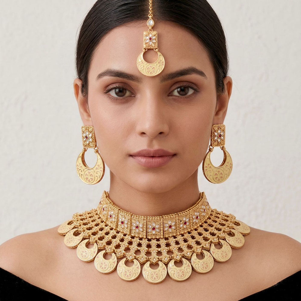 Tanish Art Jewellery Elegant Pota Stone And Meenakari Choker Necklace Set