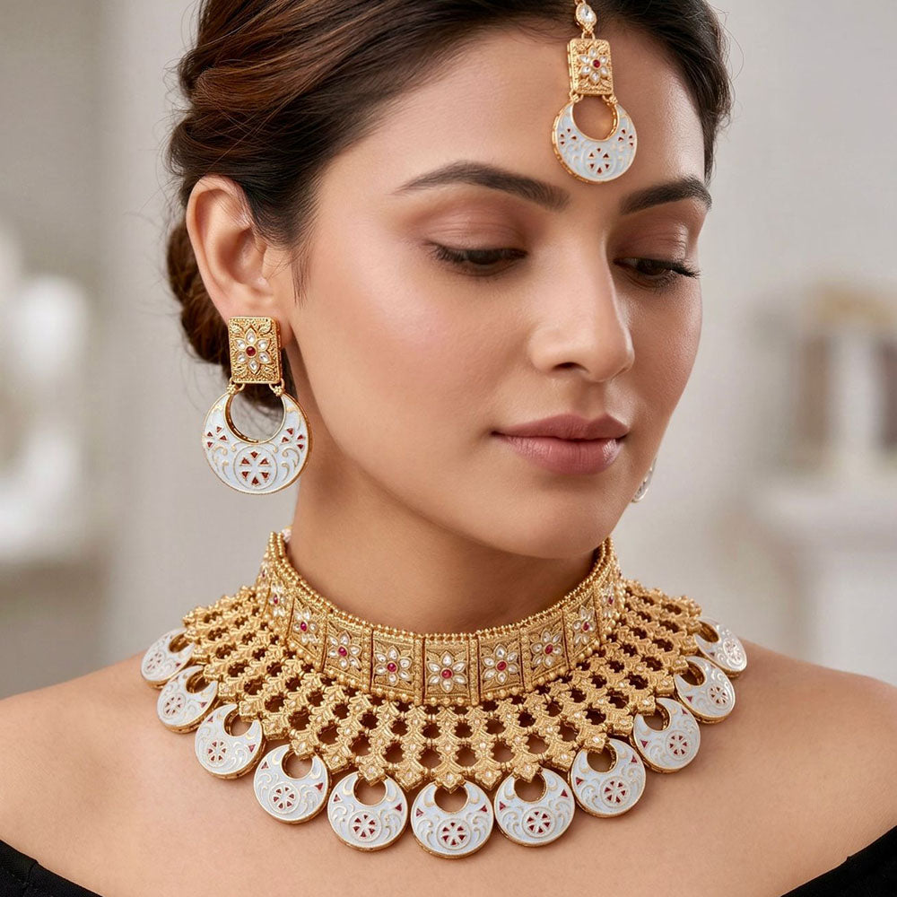 Tanish Art Jewellery Elegant Pota Stone And Meenakari Choker Necklace Set