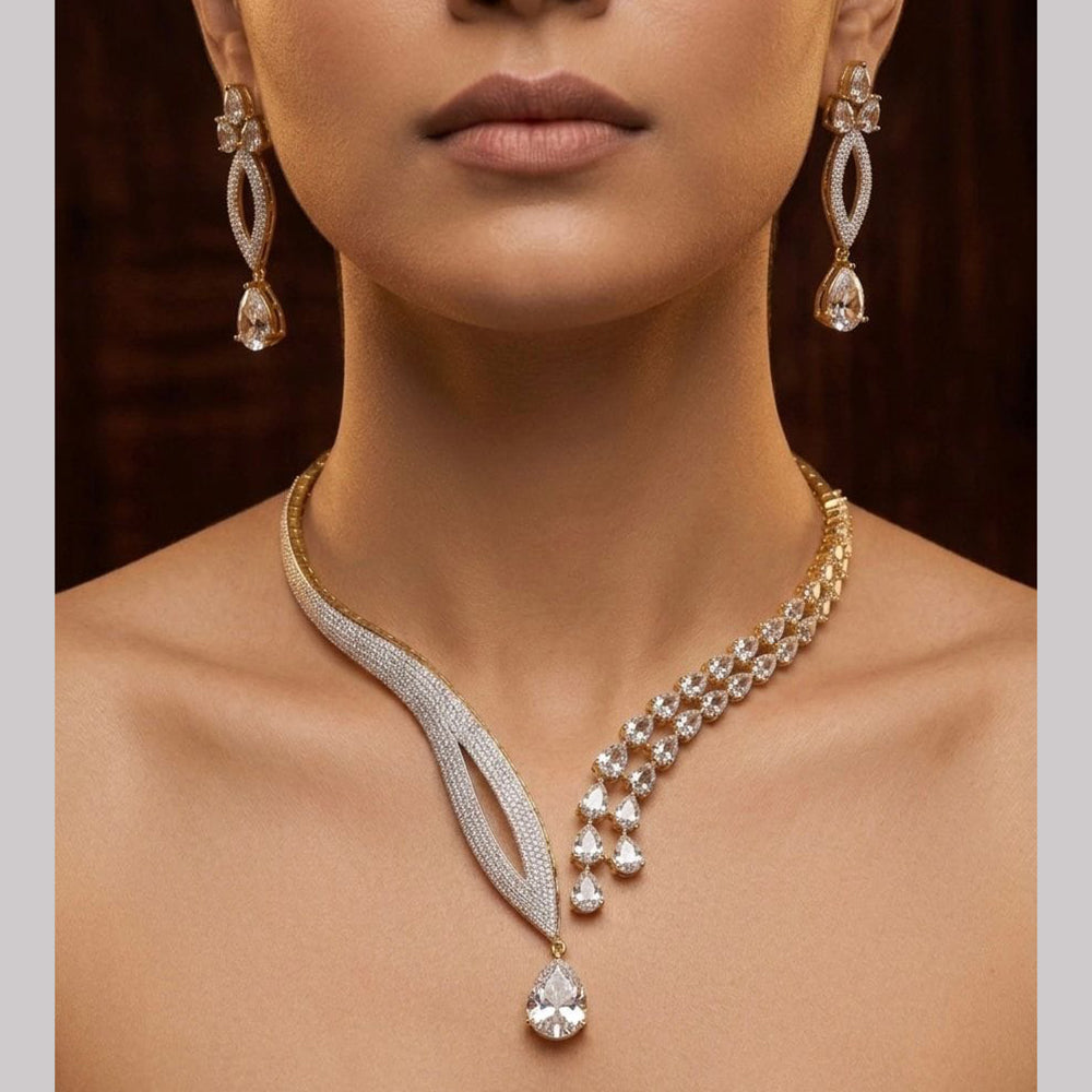 Tanish Art Jewellery Gold Plated Stunning American Diamond Royal Necklace Set