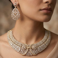Tanish Art Jewellery Gold Plated Stunning American Diamond Royal Necklace Set