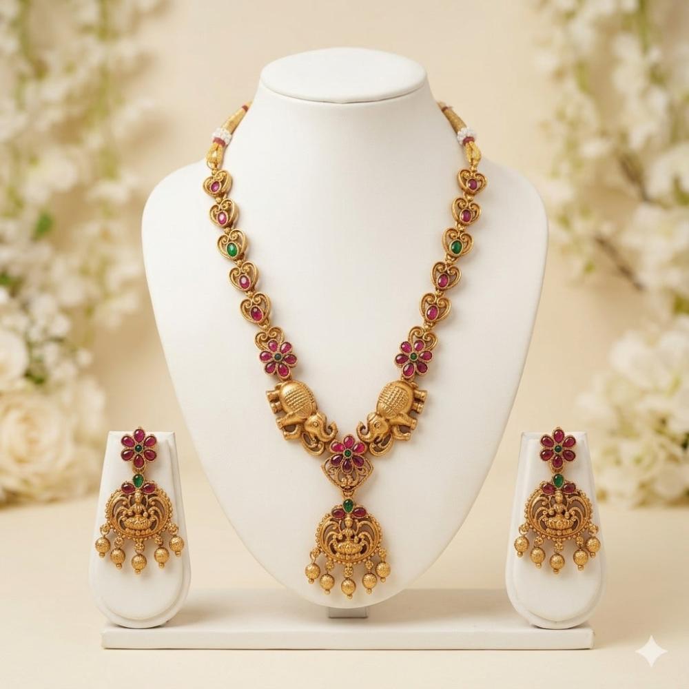 Tanish Art Jewellery Pota Stone And Pearl Temple Necklace Set