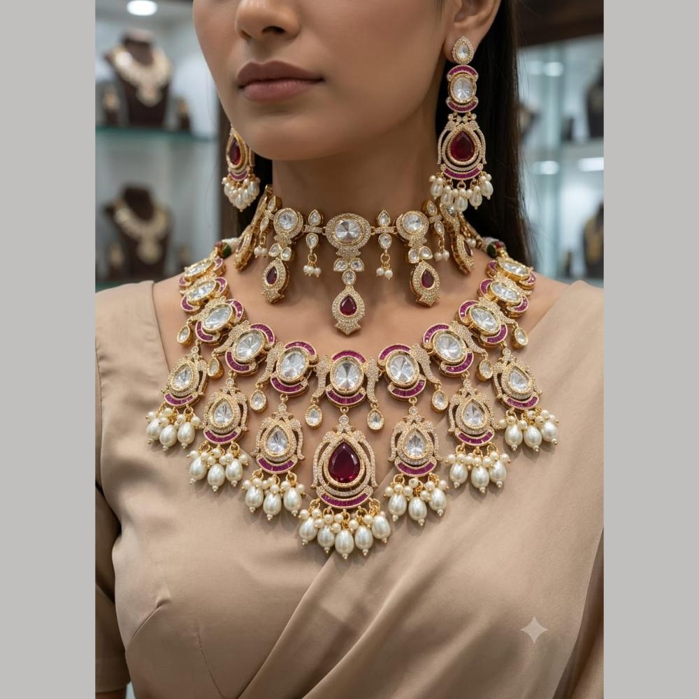 Tanish Art Jewellery Grand Polki Kundan Pearl And Beads Double Necklace Set
