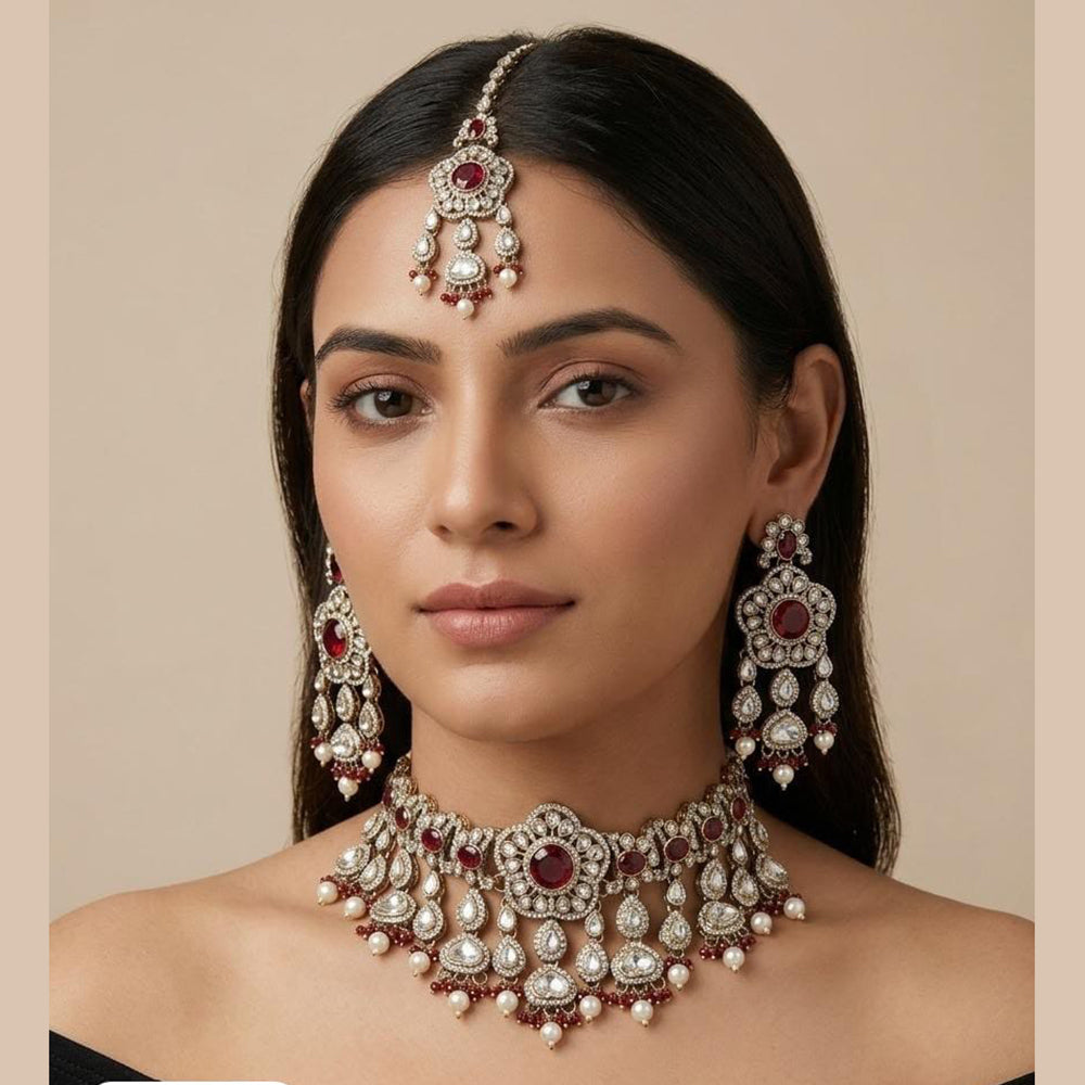 Tanish Art Jewellery Grand Pota Stone And Pearl Choker Necklace Set