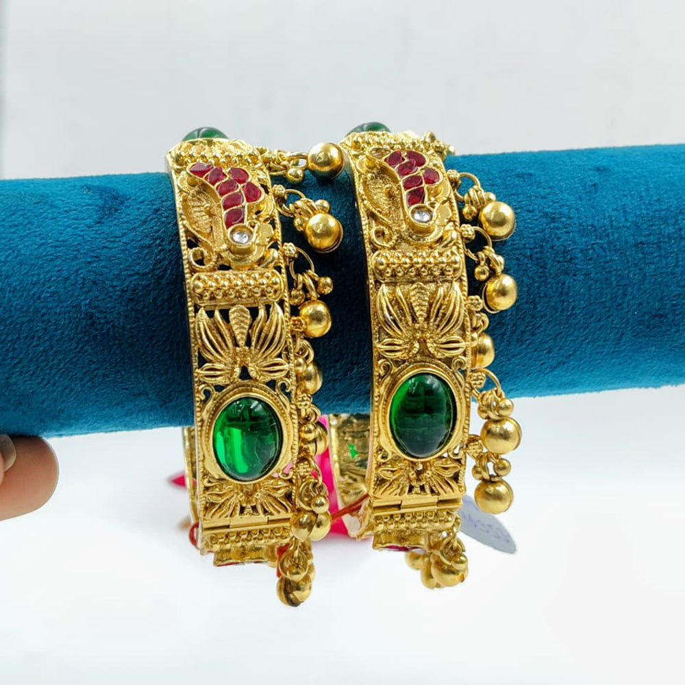 Tanish Art Jewellery Traditional Pota Stone And Ghungroo Openable Bangles Set