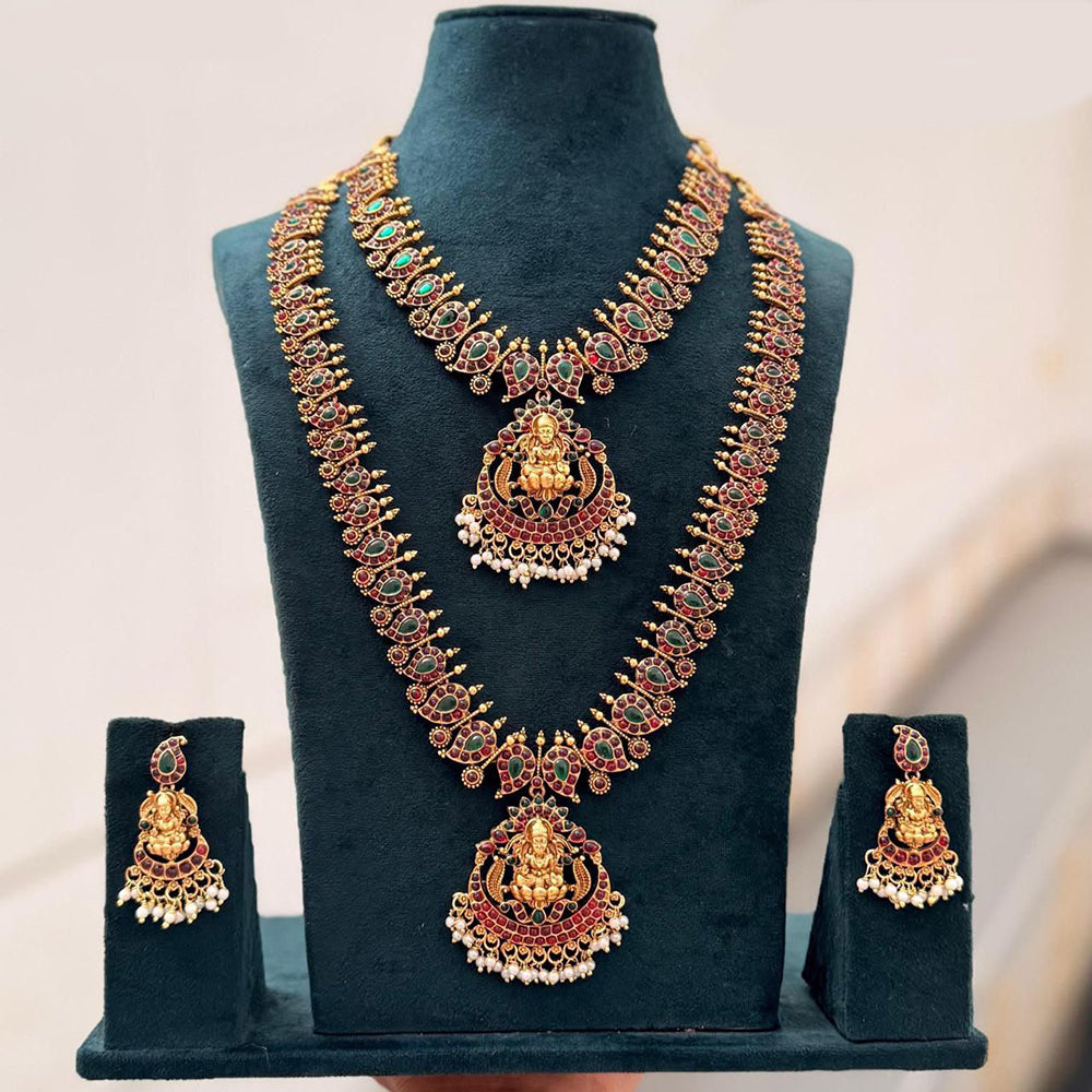 Tanish Art Jewellery Premium Pota Stone And Pearl Double Necklace Set With Earrings