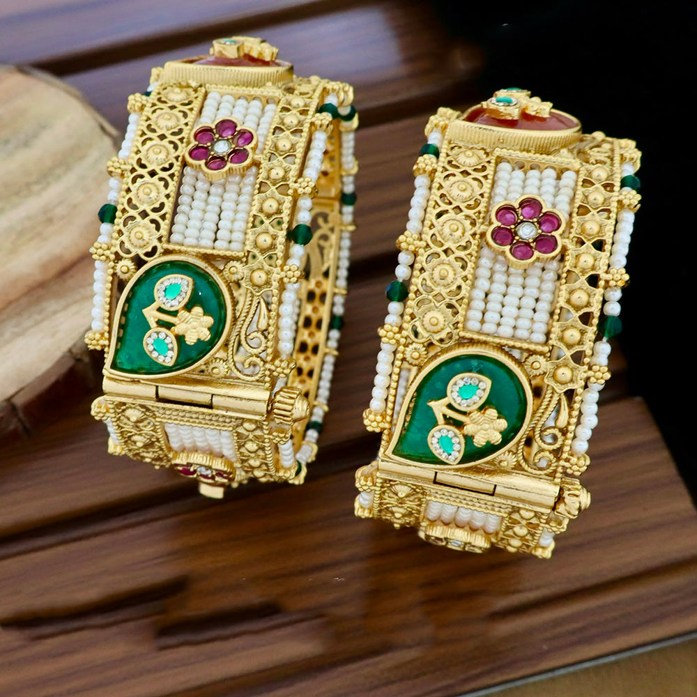Tanish Art Jewellery Graceful Pota Stone And Pearl Openable Bangles Set