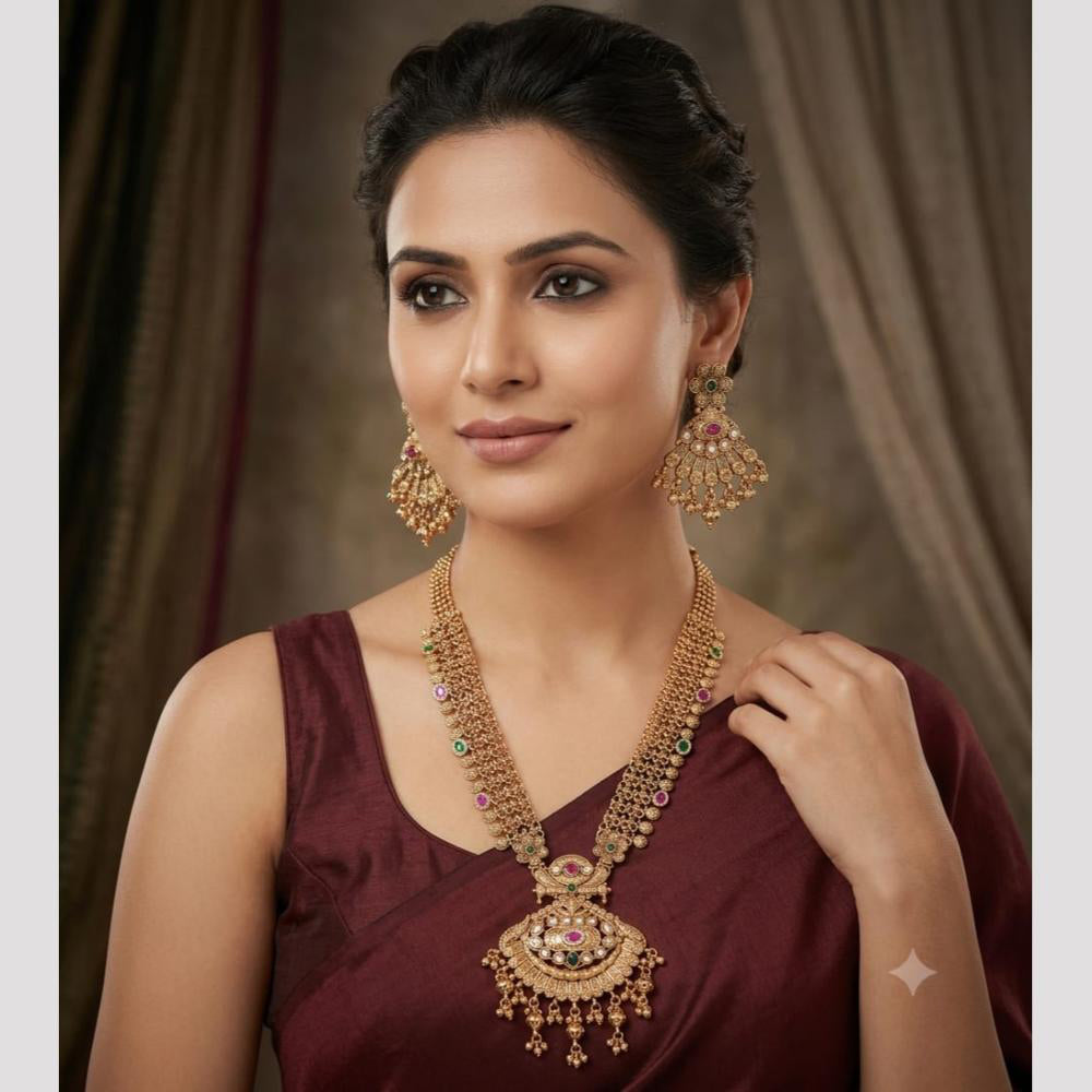 Tanish Art Jewellery Classic Pota Stone Pearl And Beads Long Necklace Set 