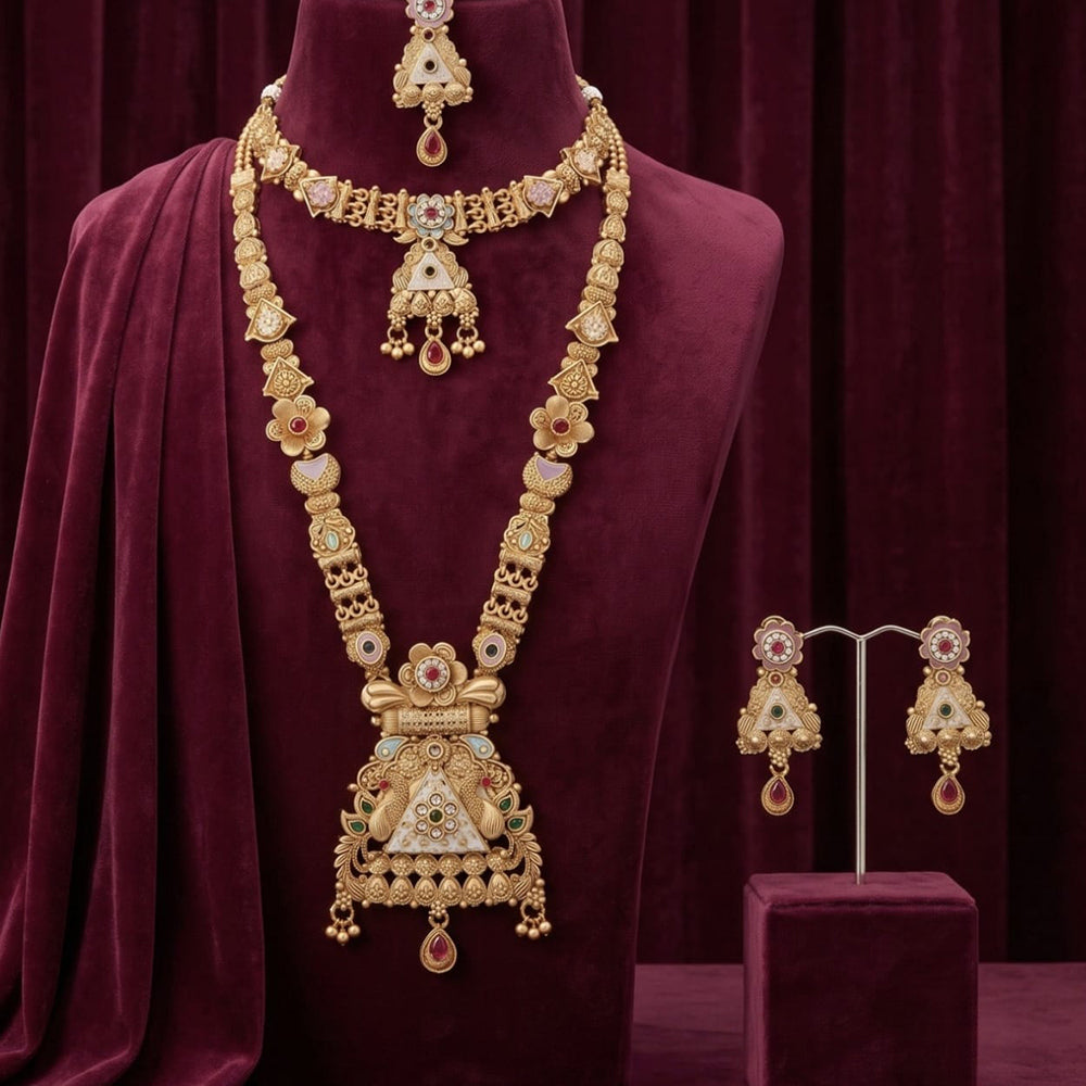 Tanish Art Jewellery Heritage Pota Stone And Pearl Double Meenakari Necklace Set