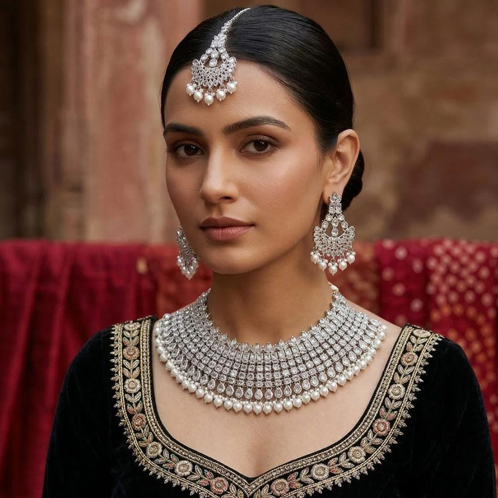 Tanish Art Jewellery Statement Austrian Stone And Pearl Choker Neckalce Set 