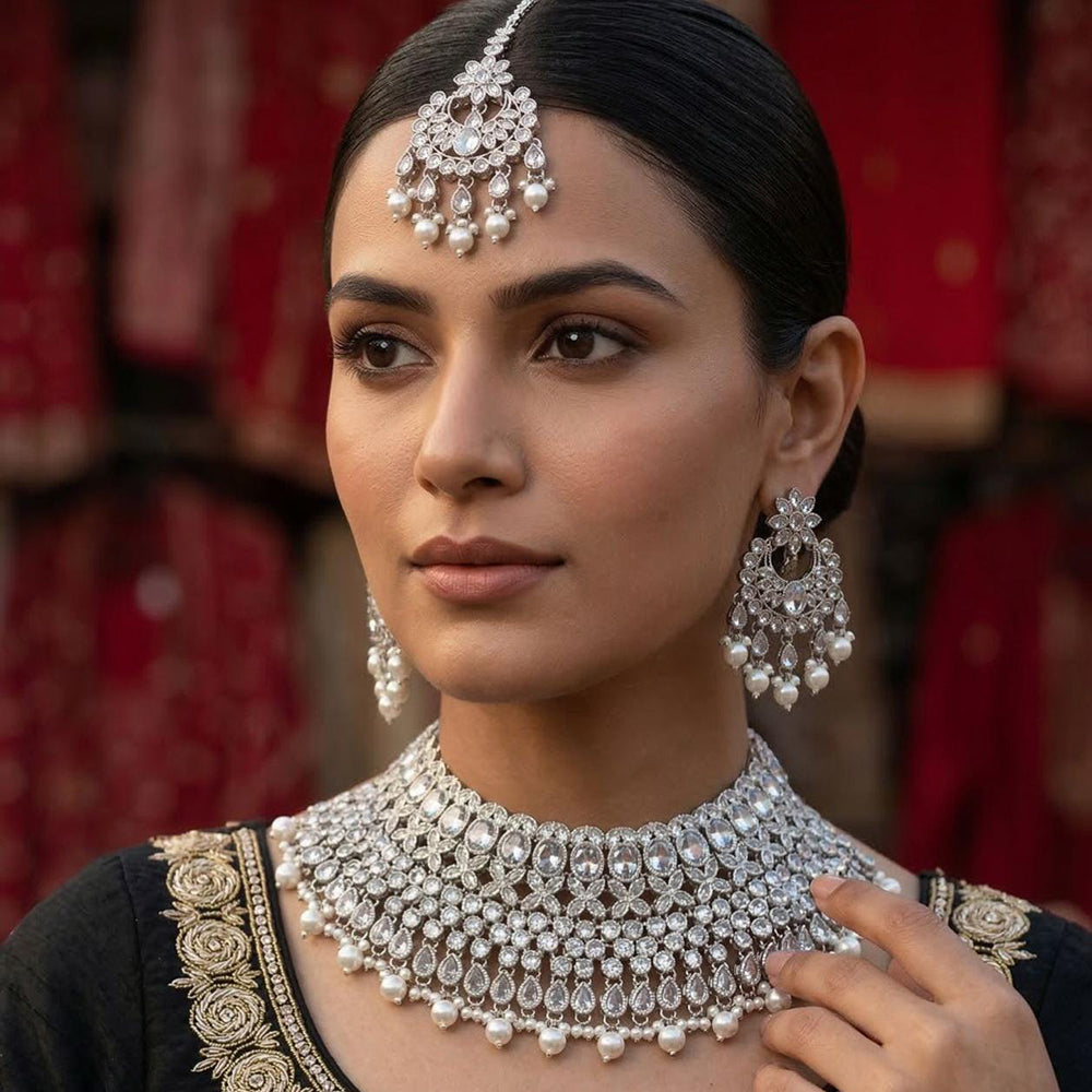 Tanish Art Jewellery Statement Austrian Stone And Pearl Choker Neckalce Set 