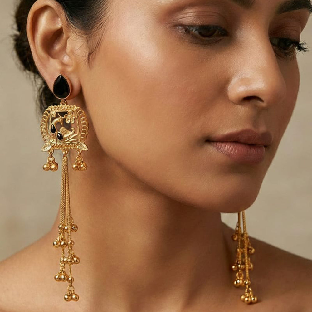 ZF Collection Designer Kashmiri Pota Stone And Ghungharoo Long Dangler Earrings