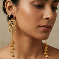 ZF Collection Designer Kashmiri Pota Stone And Ghungharoo Long Dangler Earrings 