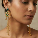 ZF Collection Designer Kashmiri Pota Stone And Ghungharoo Long Dangler Earrings
