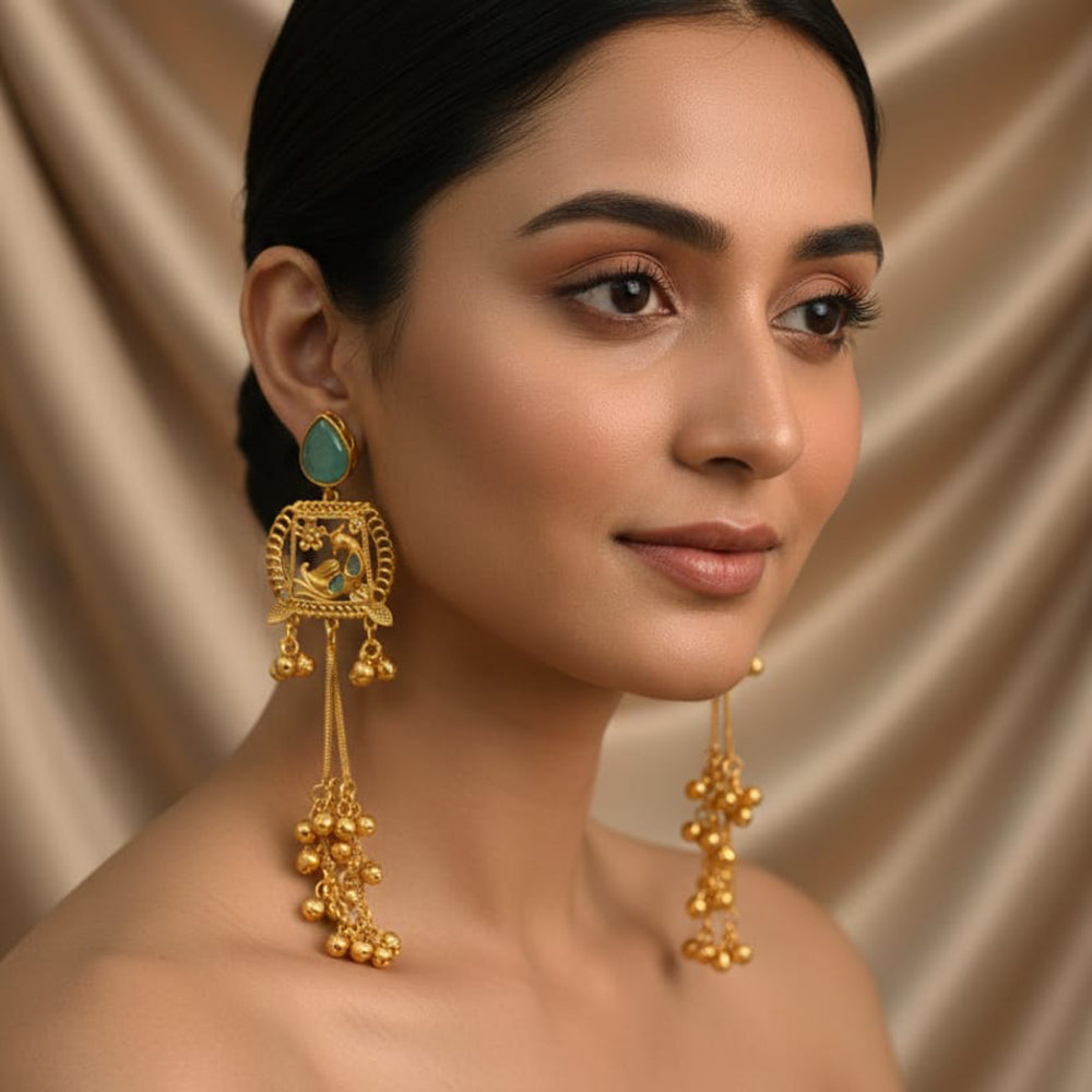 ZF Collection Designer Kashmiri Pota Stone And Ghungharoo Long Dangler Earrings