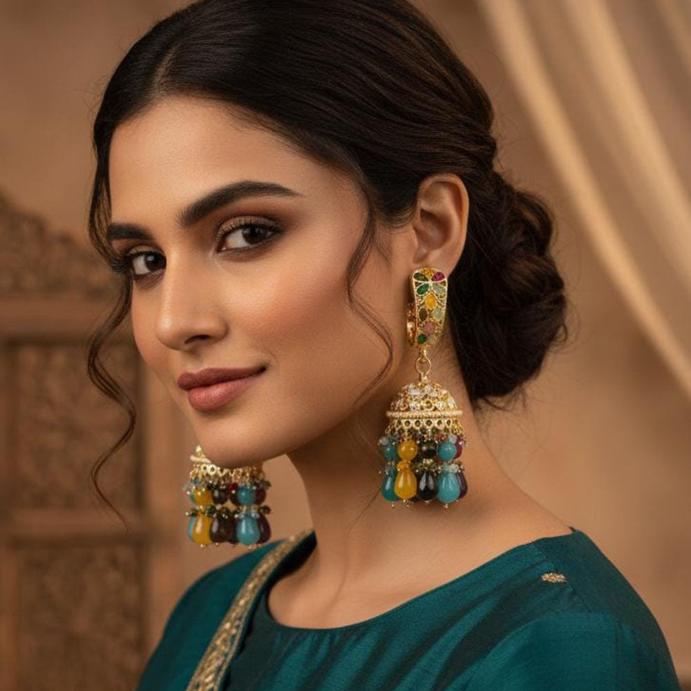 ZF Collection Royal Crystal Stone And Beaded Jhumki Earrings